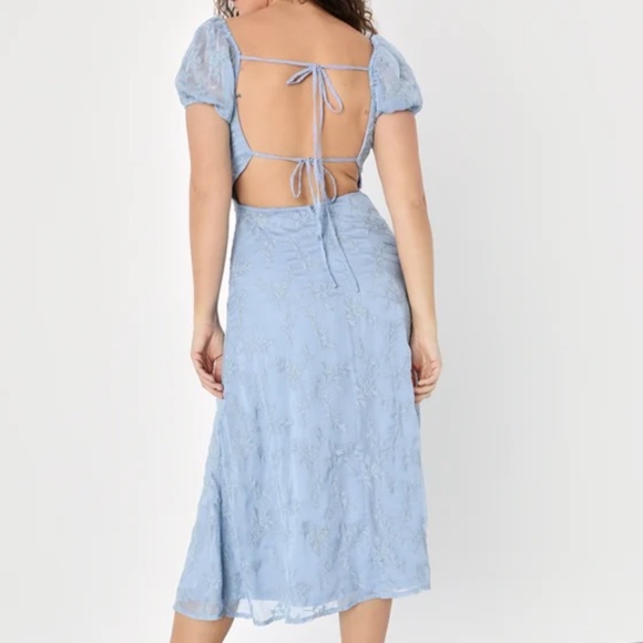 Lulus Blossoming With Charm Blue Embroidered Tie-back Midi Dress - Size M - Picture 4 of 4